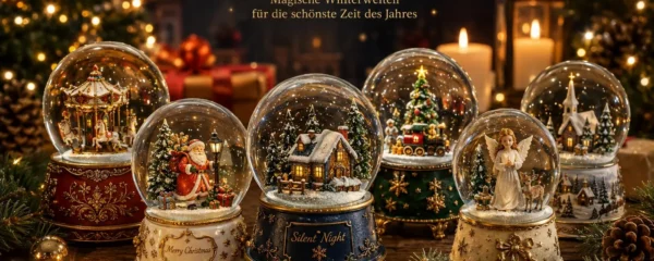 Festliche Weihnachts-Schneekugeln von Glassglobe mit Winterhaus, Weihnachtsmann, Engel, Karussell, Musik und warmem Licht
