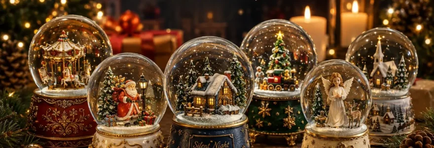 Festliche Weihnachts-Schneekugeln von Glassglobe mit Winterhaus, Weihnachtsmann, Engel, Karussell, Musik und warmem Licht